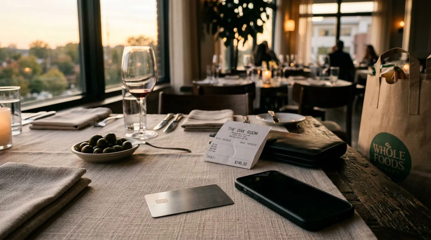 Realistic credit card on a dining table with receipt and grocery bag, no branding or faces.