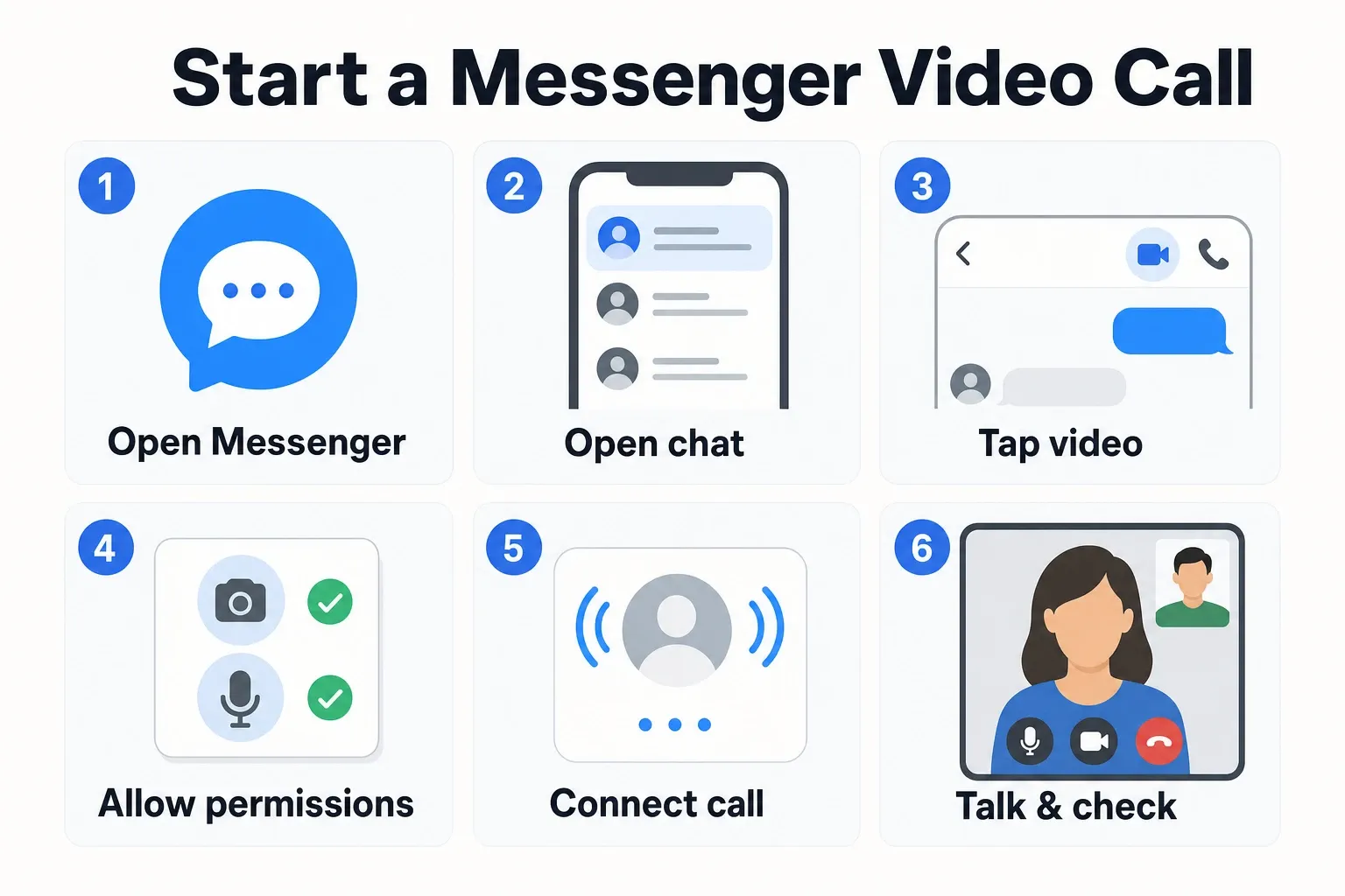 Infographic showing the step-by-step actions to start a Messenger video call.